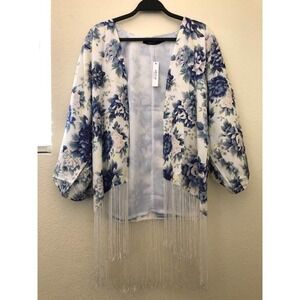 Ark & Co Floral Open Front Tassel Bottom Cardigan